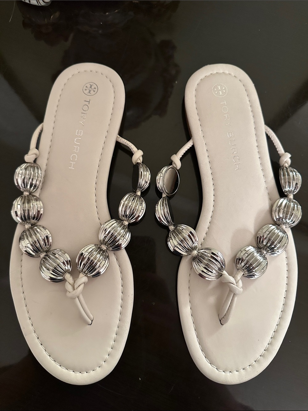 Tory Burch White Leather Thong Sandals with Silver Beaded Accents